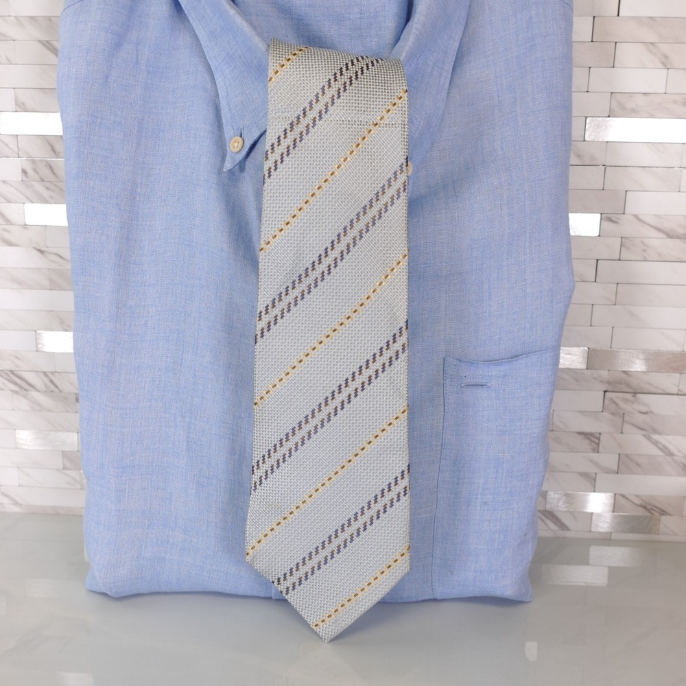 Comme Ca Ism Neck Tie Mens Blue Light Striped Solid Silk Classic Luxury Groom